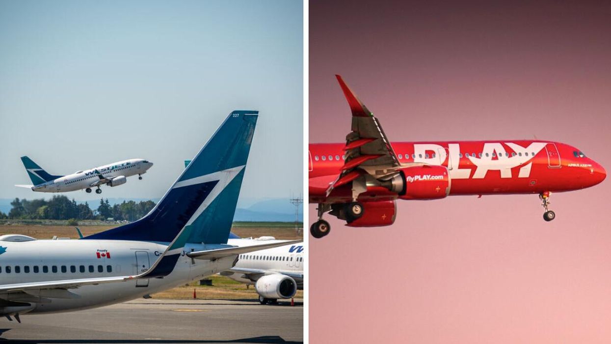 A WestJet plane departing from Vancouver International Airport. Right: A PLAY Airlines flight in the sky.