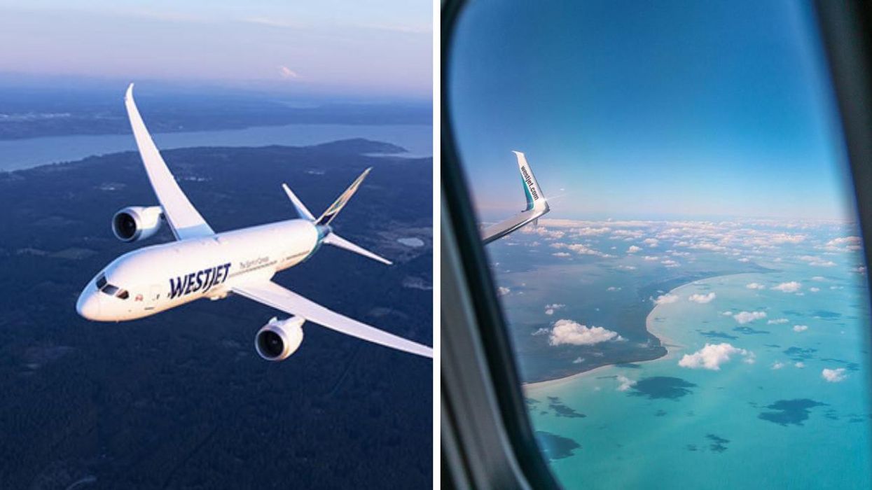 A WestJet plane flying. Right: The view out of a plane window.