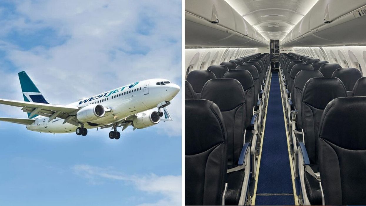 A WestJet plane in the sky. Right: Rows of black seats are seen on a WestJet plane.