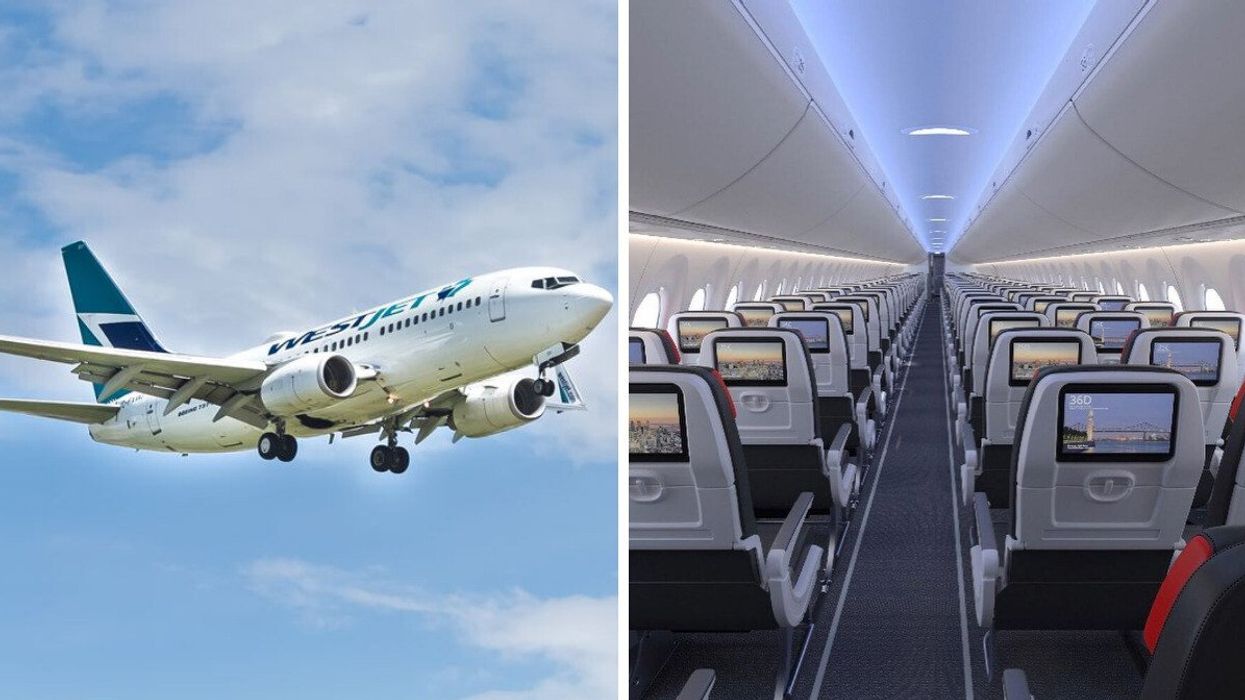 A WestJet plane. Right: Seats on an Air Canada plane.