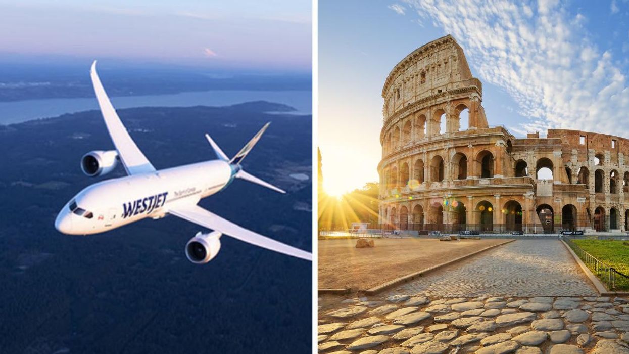 A WestJet Plane. Right: The Colosseum in Rome.