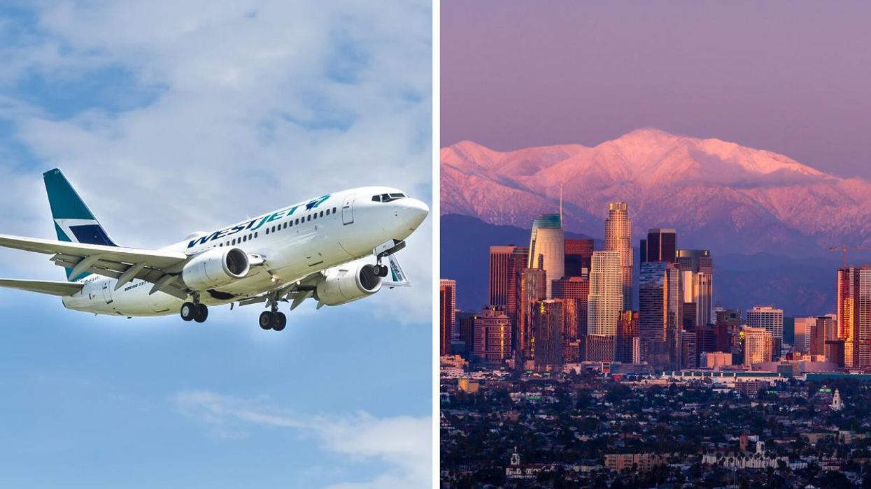 A WestJet plane. Right: The Los Angeles skyline.