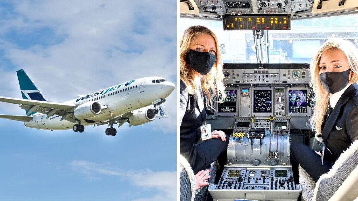 A WestJet plane. Right: WestJet pilots in the cockpit of a plane.