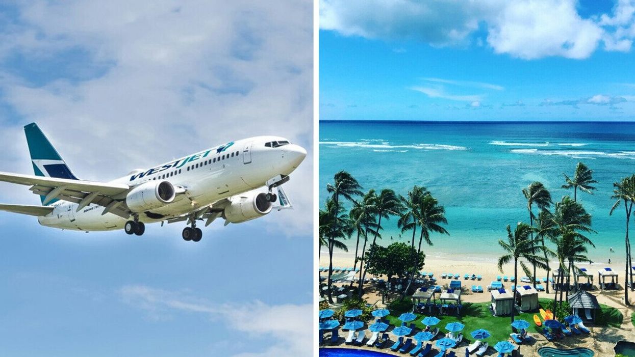 A WestJet plane seen in the sky. Right: Palm trees and beach chairs are seen on a tropical beach.