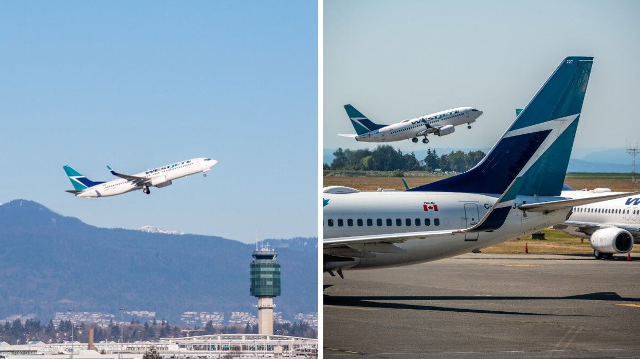 A WestJet plane takes off in Vancouver. Right: The tail of a WestJet plane.