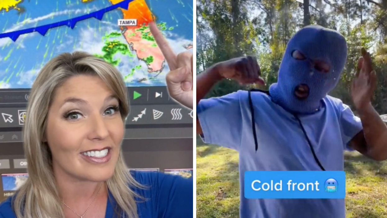 A WFLA Meteorologist on TikTok telling people about the cold front. Right: A person pretending to be a cold front.