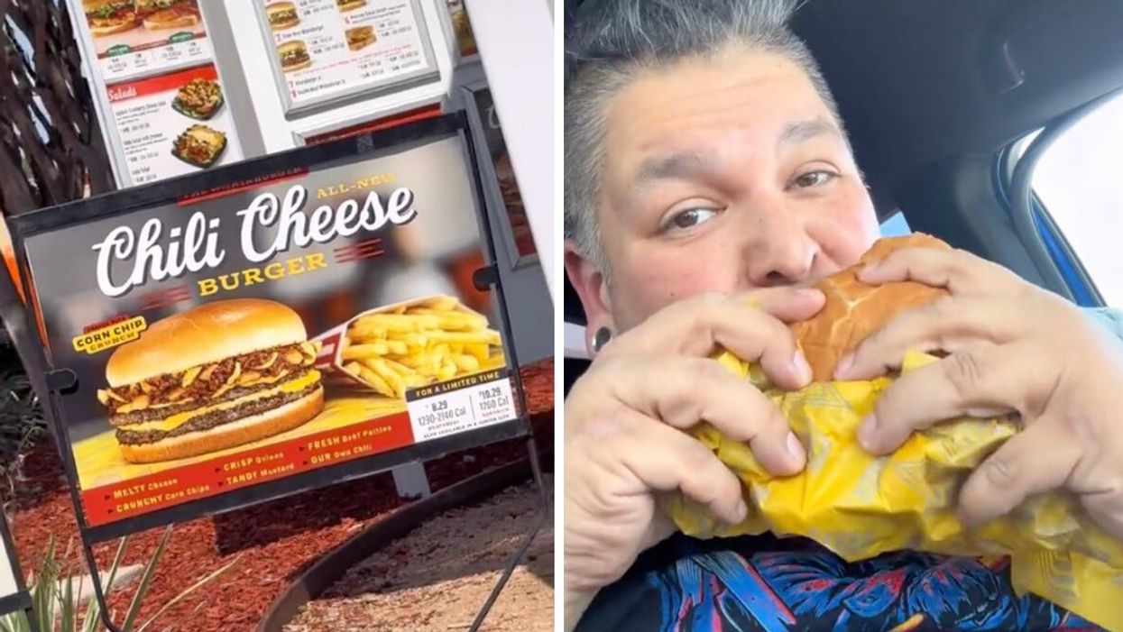 A Whataburger Chili Cheese Burger Sign. Right: Jaysyn tasting the Whataburger Chili Cheese Burger in his TikTok video.