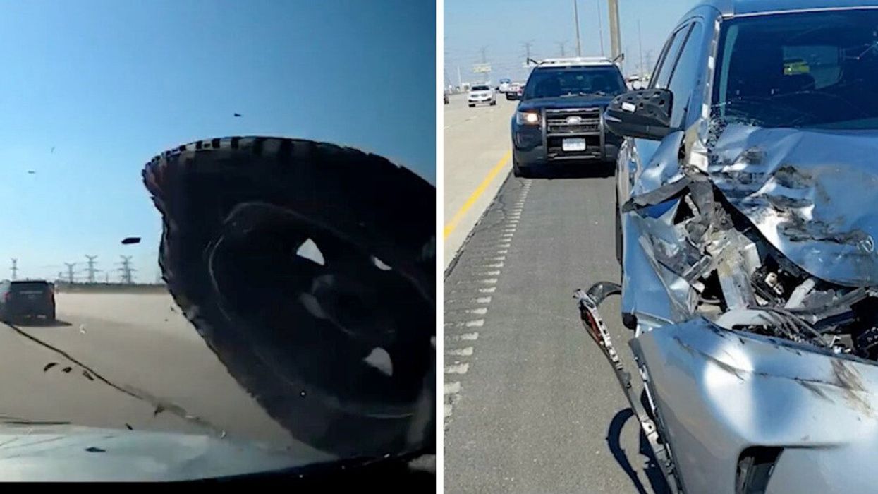 A wheel flying into a moving vehicle on the highway. Right: The damage from the wheel.