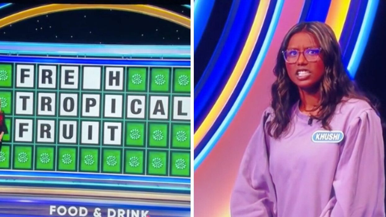 A Wheel Of Fortune puzzle. Right: Wheel Of Fortune contestant Khushi Talluru.