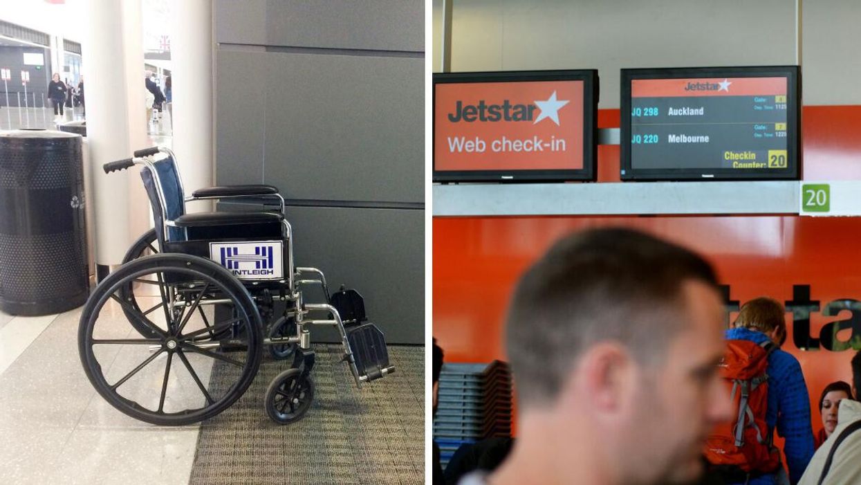 A wheelchair at the airport. Right: Check-in for Jetstar.
