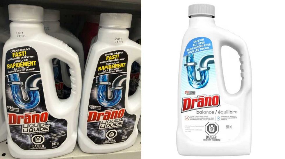 A white and black bottle that says Drano liquid on it. Right: A white bottle with red letters that say Drano.