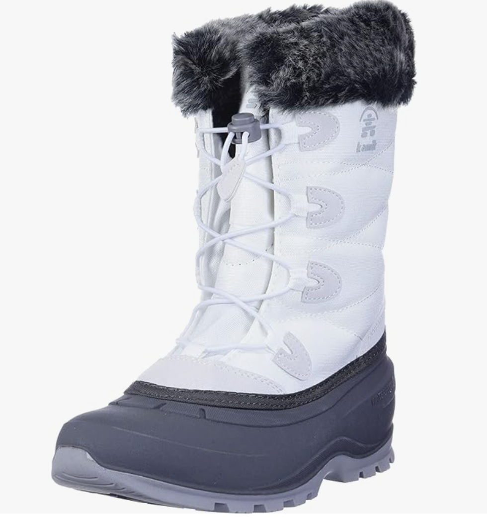 A white and black women's Kamik winter boot.