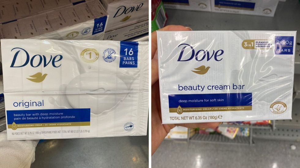 A white and blue package of 16 bars of Dove soap. Right: A hand holding a white and blue package of 2 bars of Dove soap.