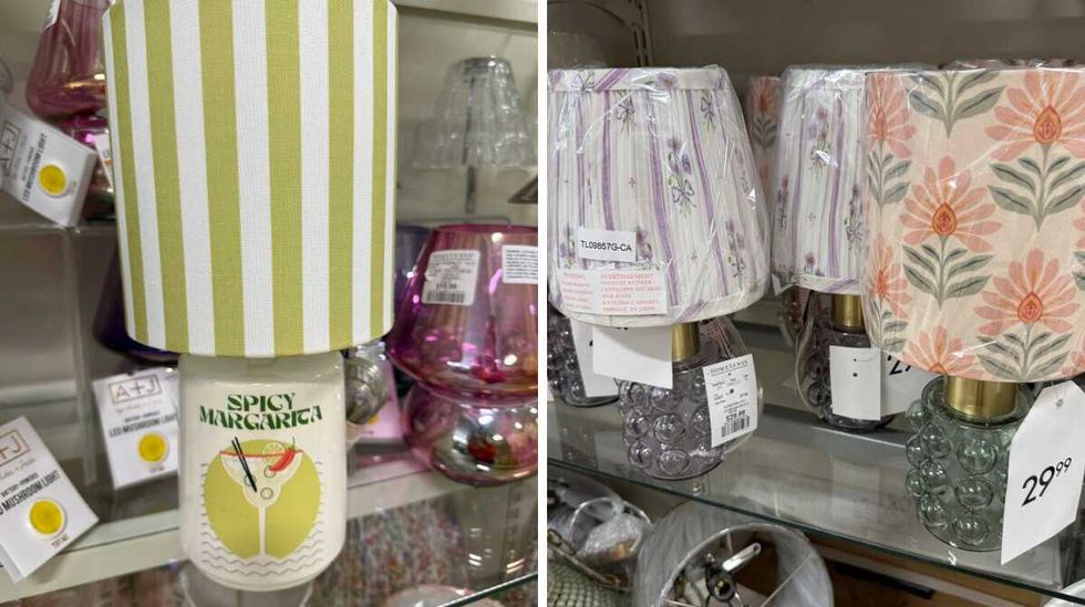 A white and green lamp on a store shelf that has a picture of a margarita on it. Right: Multi-coloured lamps on a store shelf.
