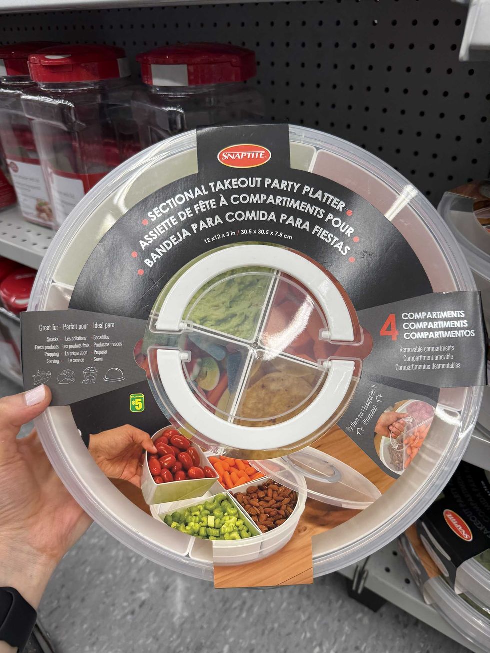A white circular bin with four sections and a photo of it with various snacks in it.