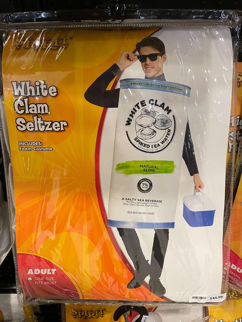 A White Clam Seltzer Costume In Spirit Halloween.