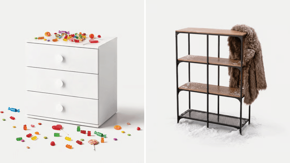 A white dresser covered with assorted candies. Right: A shelf unit with a fur coat and snow.