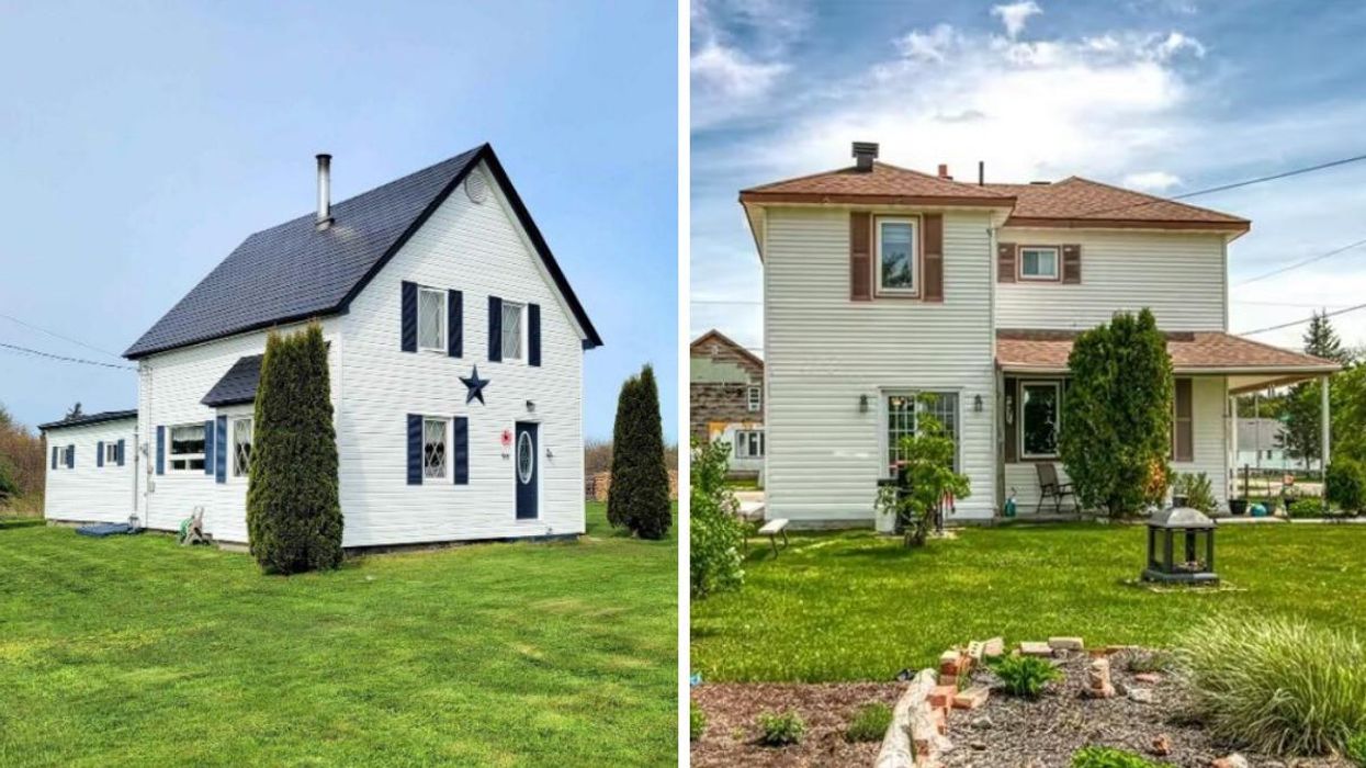 A white house and its yard in Nova Scotia. Right: A multi-bedroom home in rural Ontario.