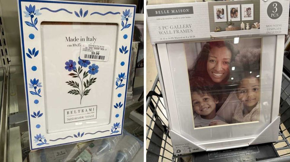 A white picture frame with blue flowers on it. Right: A three-pack of gallery wall white frames.