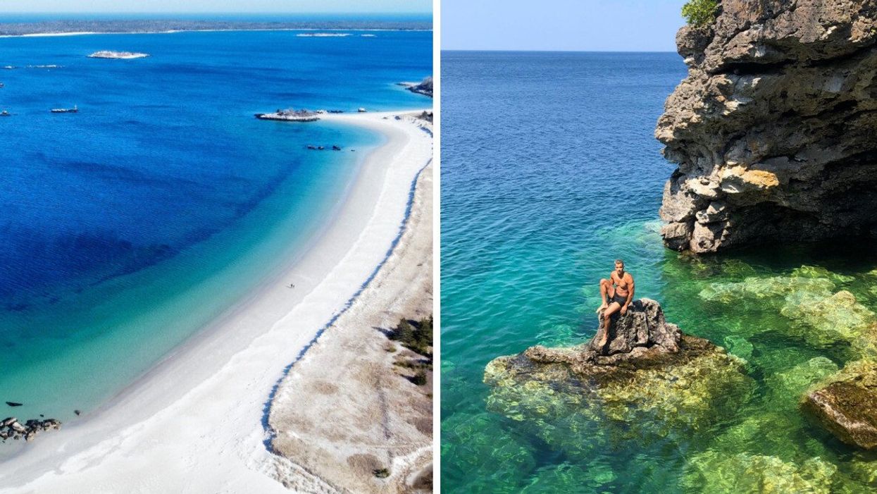 A white sand beach in Canada. Right: A person sits on a rock at the Grotto in Tobermory.