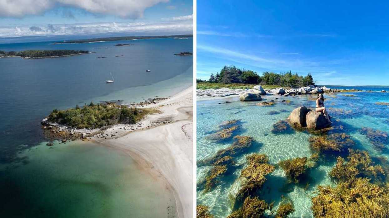 A white-sand beach in Canada. Right: A person sits on a rock surrounded by turquoise water at a beach in Canada.