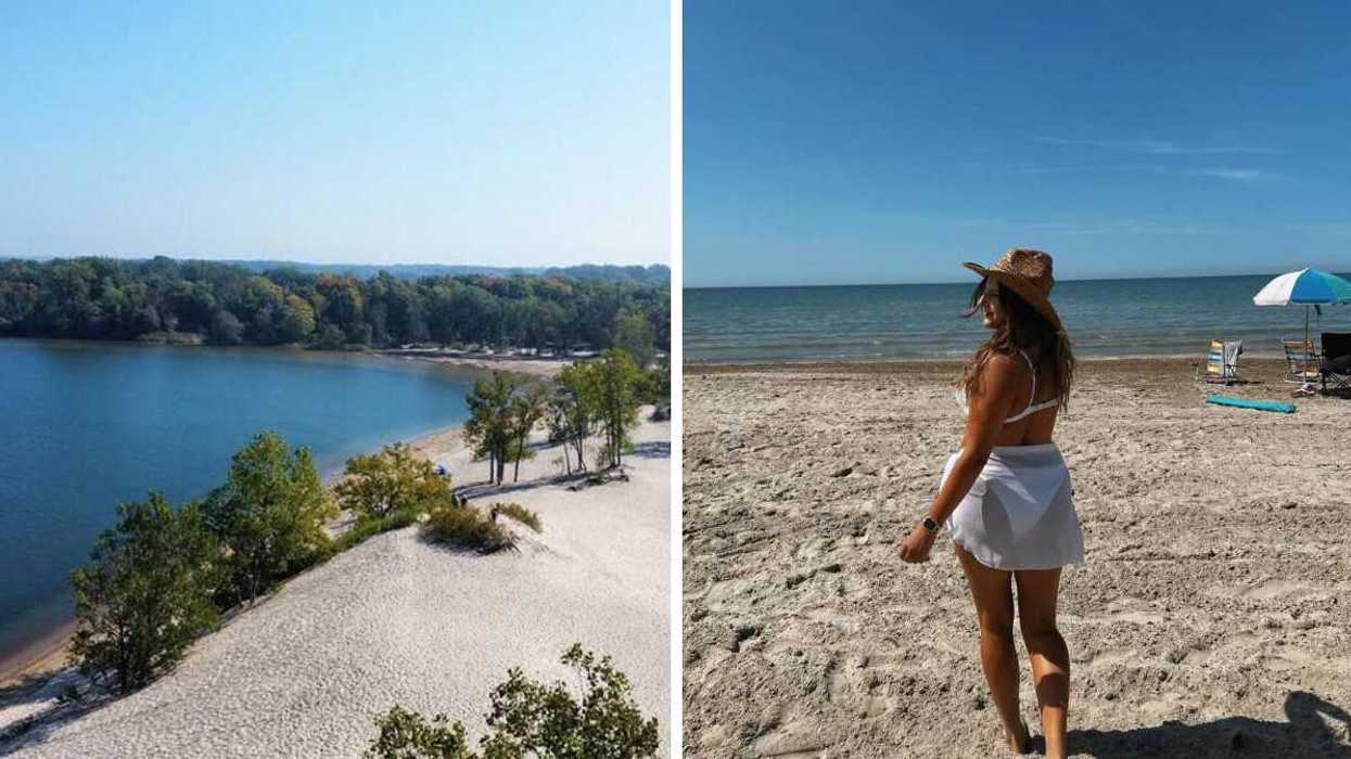 A white-sand beach in Ontario. Right: A person stands on an Ontario beach with turquoise water.