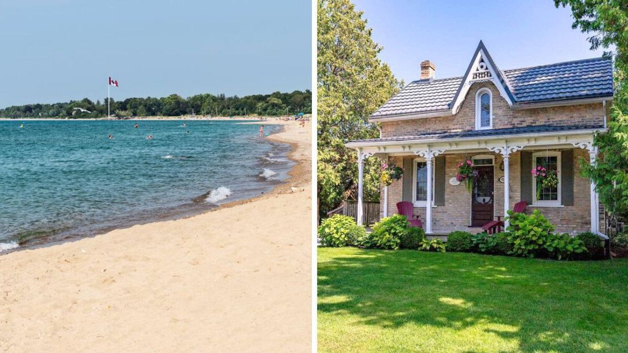 A white sand beach. Right: A historic house.