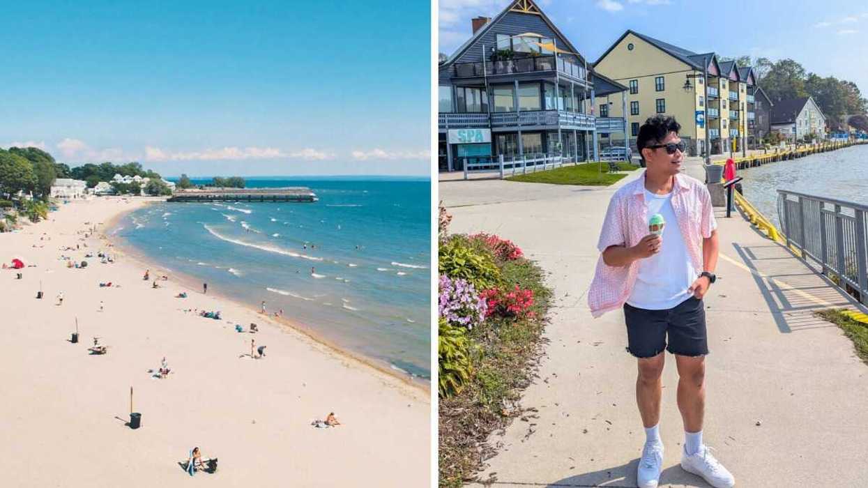 A white sand beach. Right: A person holding an ice cream cone.