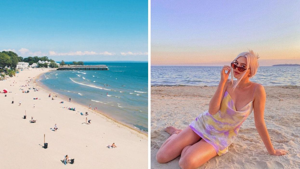 A white sand beach. Right: A person sitting on a beach.