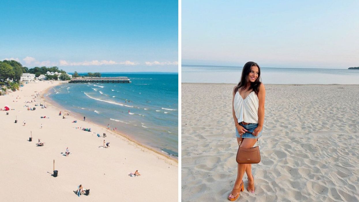 A white sand beach. Right: A person standing on a beach.