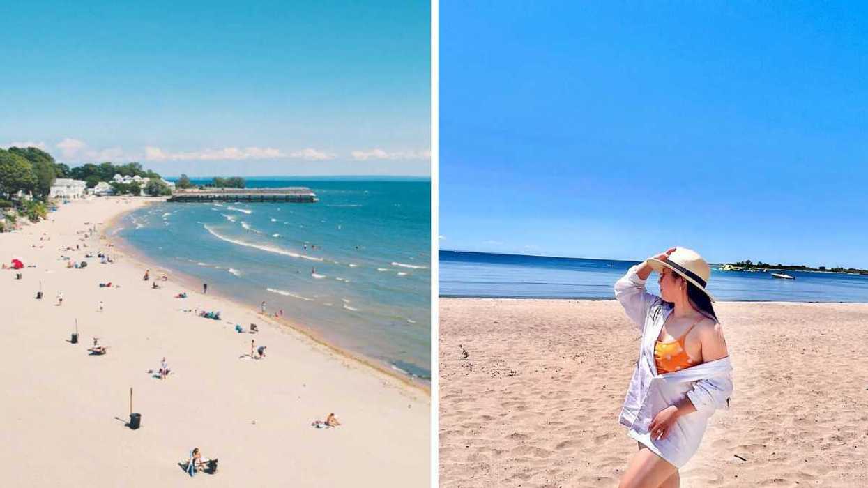 A white sand beach. Right: A person standing on a beach.