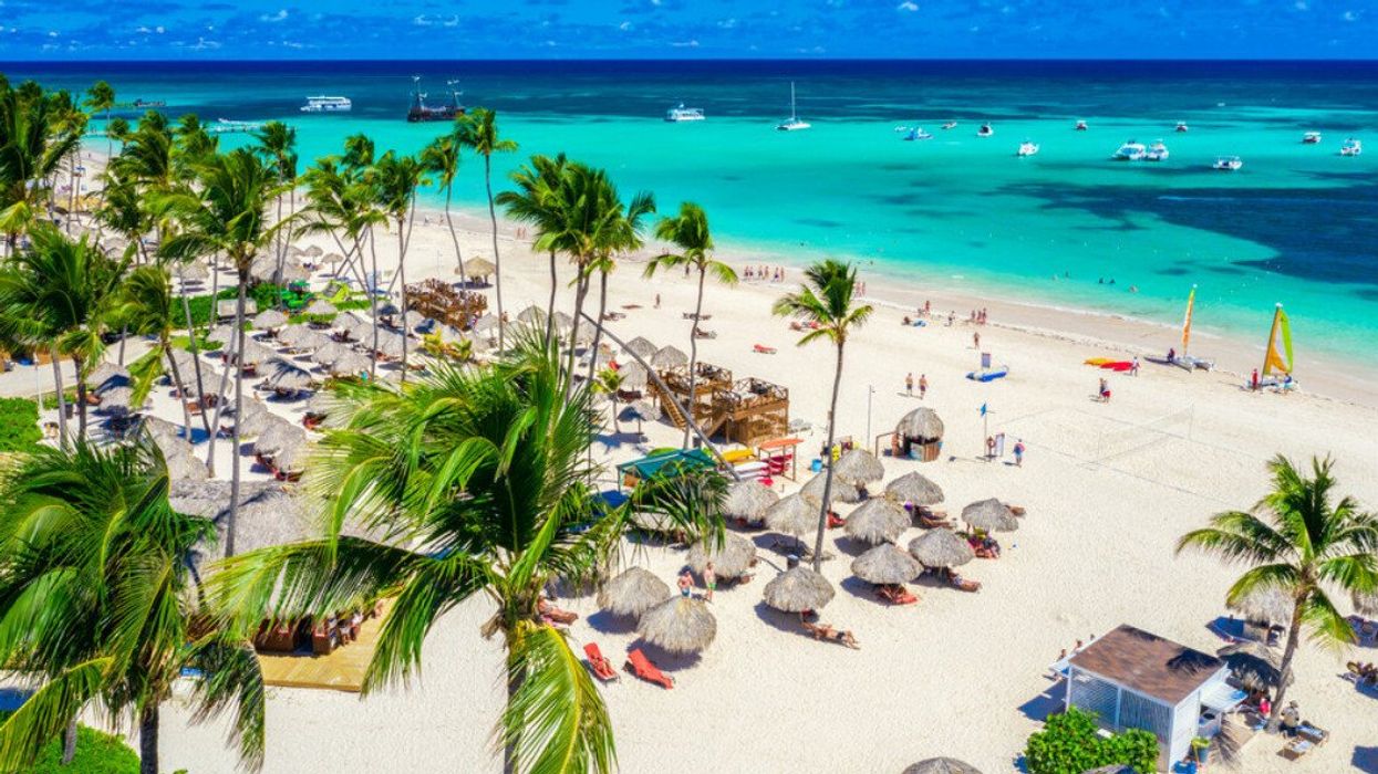 A white sand beach with palm trees.