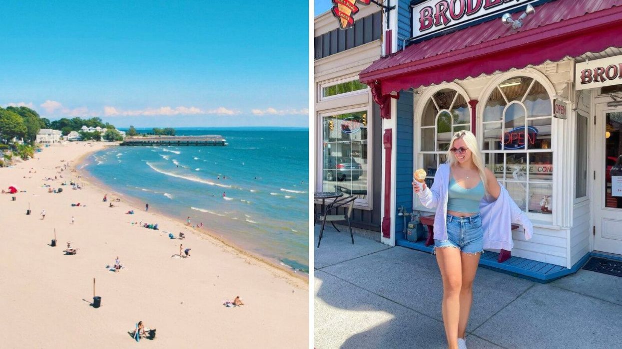 A white sandy beach. Right: A person with an ice cream cone.