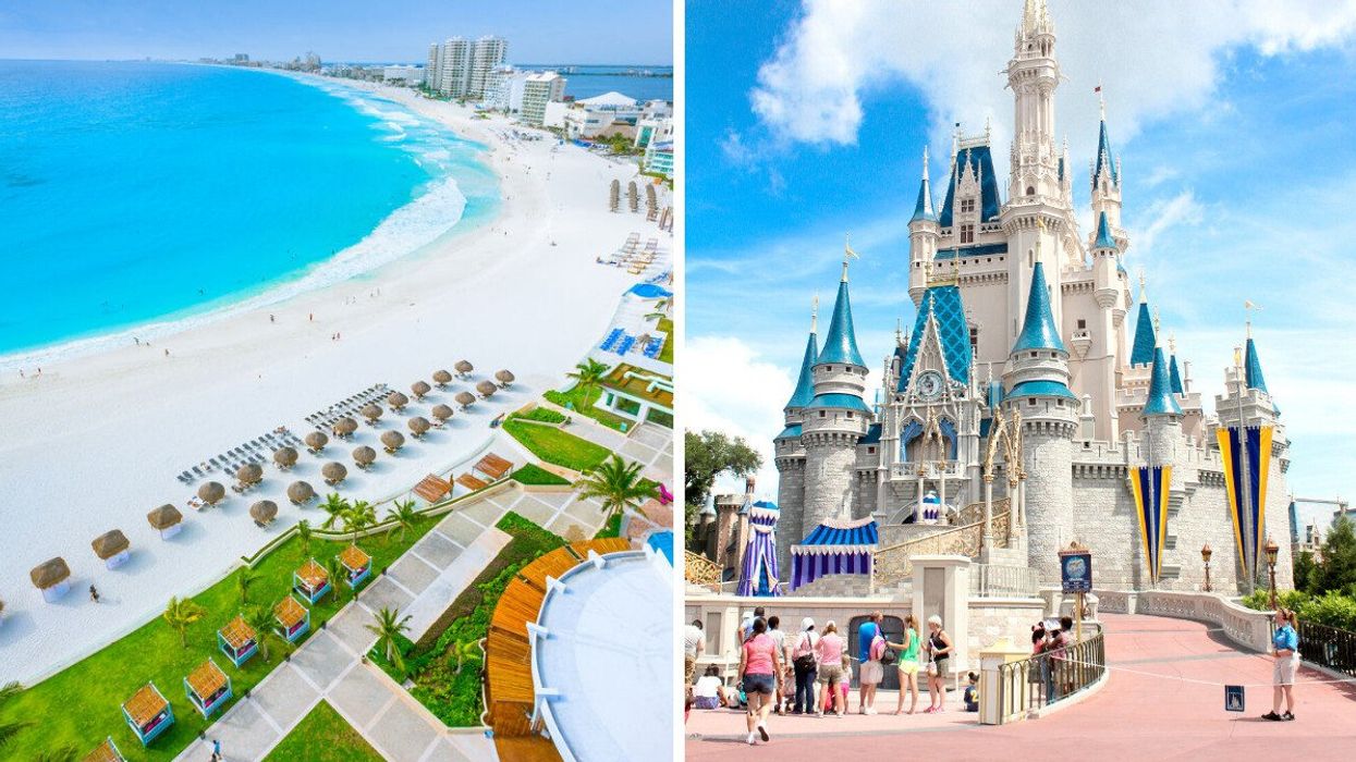 A white sandy beach with blue water. Right: A whimsical fairytale castle.
