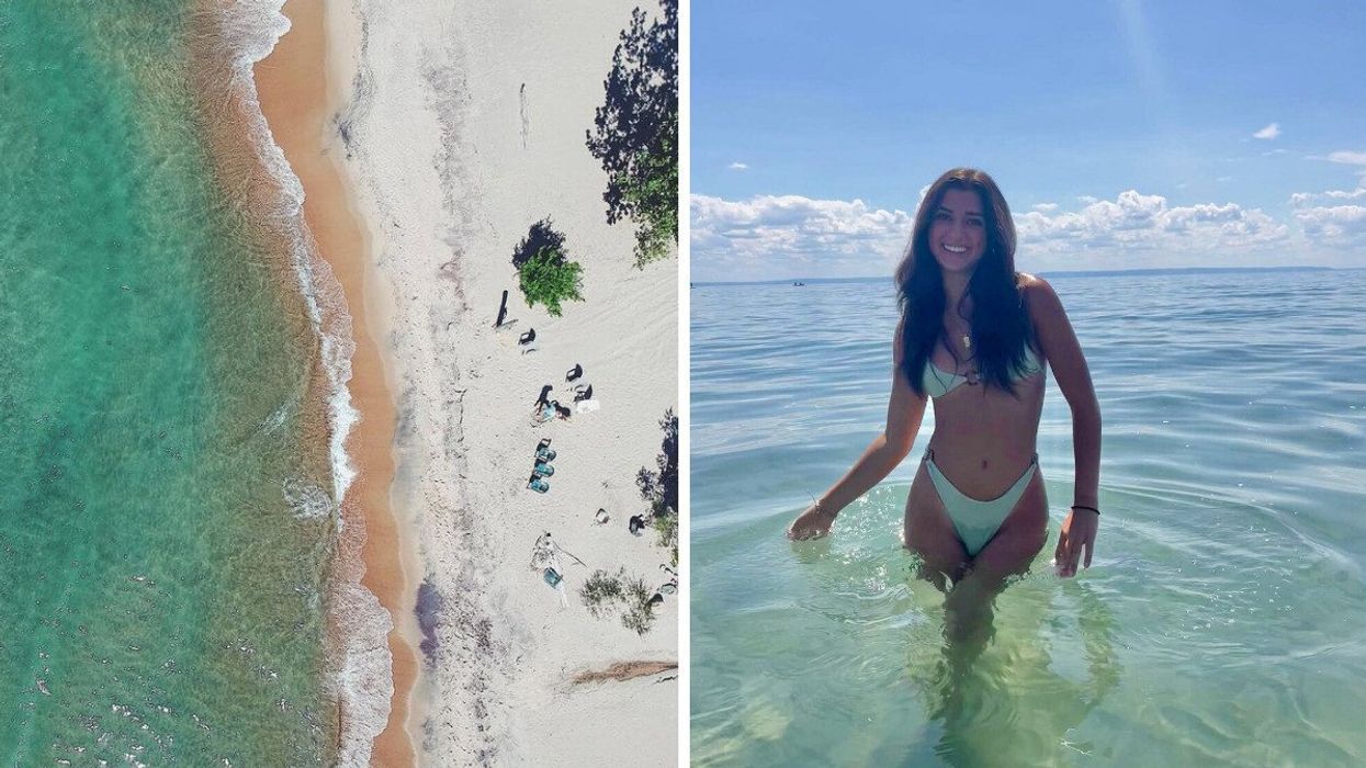 A white sandy shoreline. Right: A person standing in the water.
