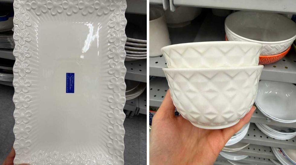 A white serving platter with flowers along the edges. Right: Two white bowls stacked on top of each other at a store.