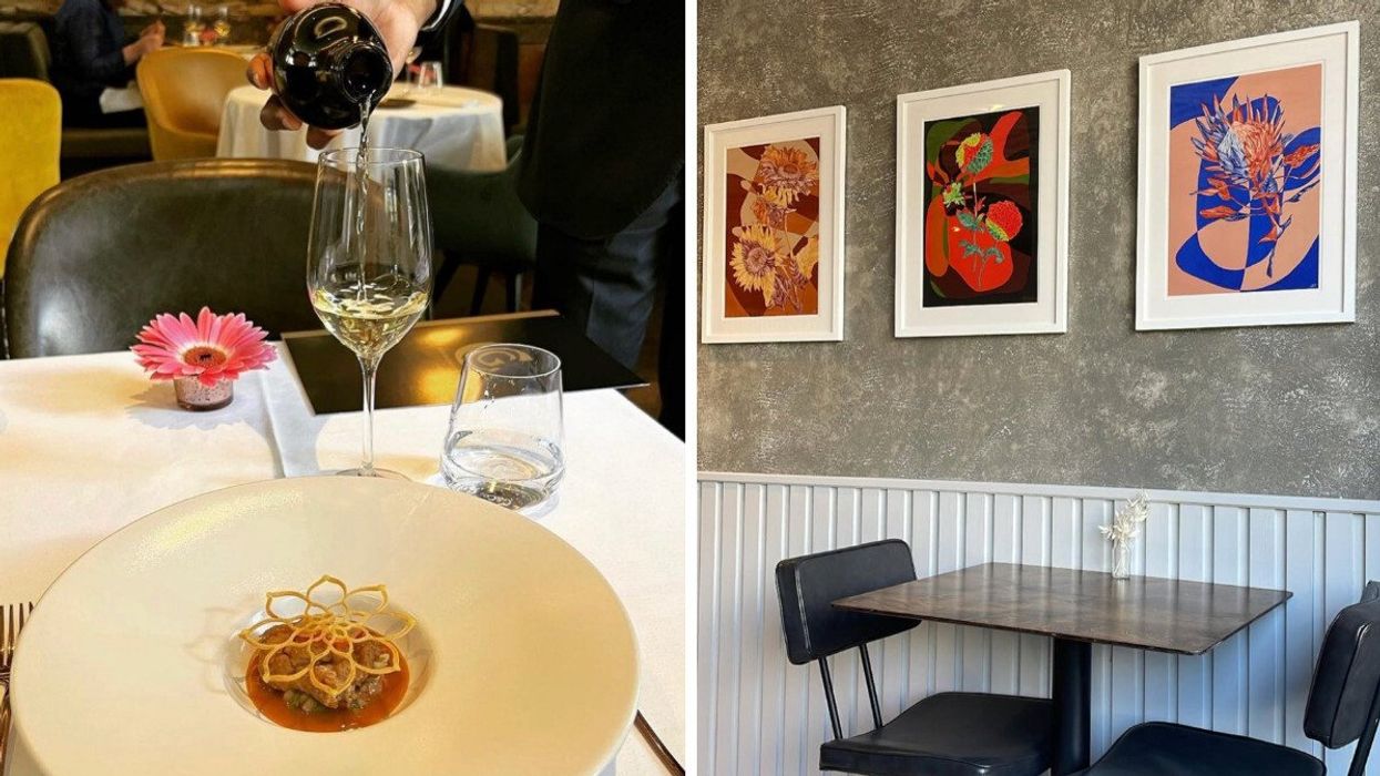 A white tablecloth dining setup at a Michelin-star restaurant in London. Right: A cozy and modern table setup at Perch, Ottawa.