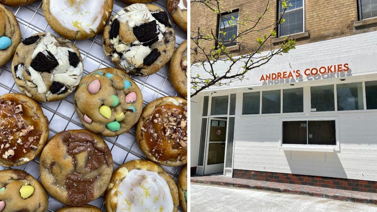 A whole lot of cookies. Right: Andrea's Cookies storefront in Toronto.