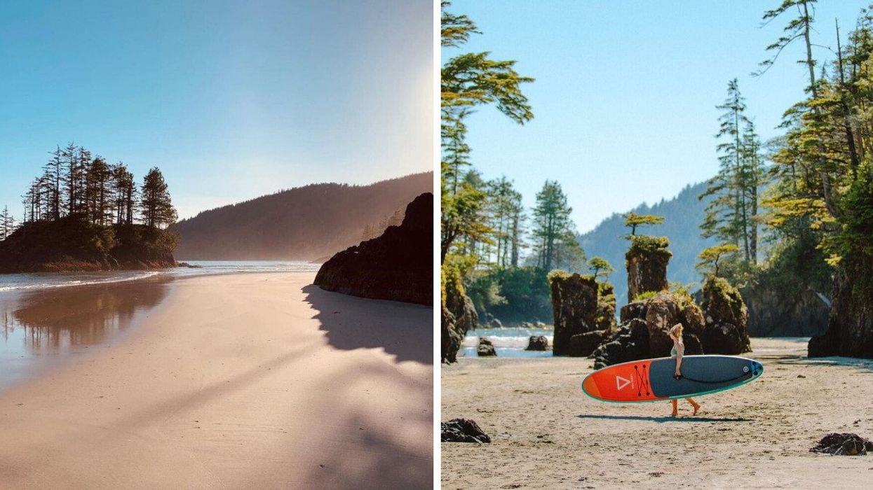 A wide, sandy beach with hills in the background. Right: Someone carrying a surfboard on a beach.