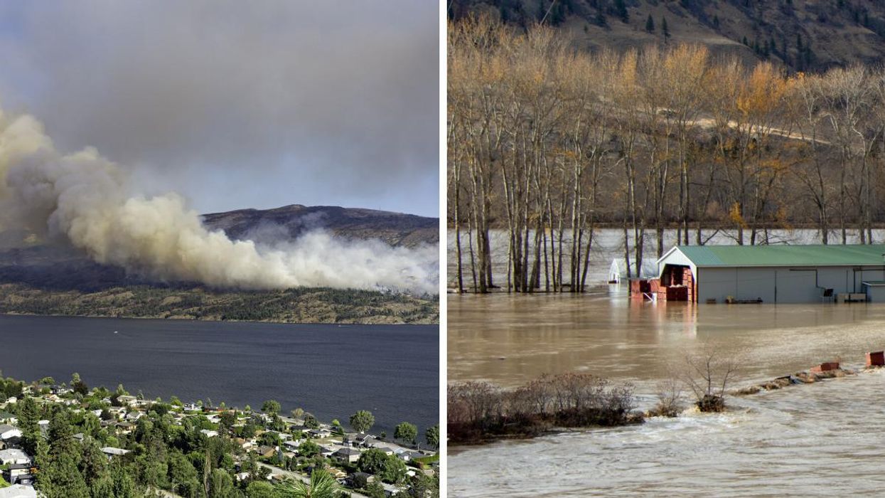 A wildfire in B.C. Right: Flooding in B.C.