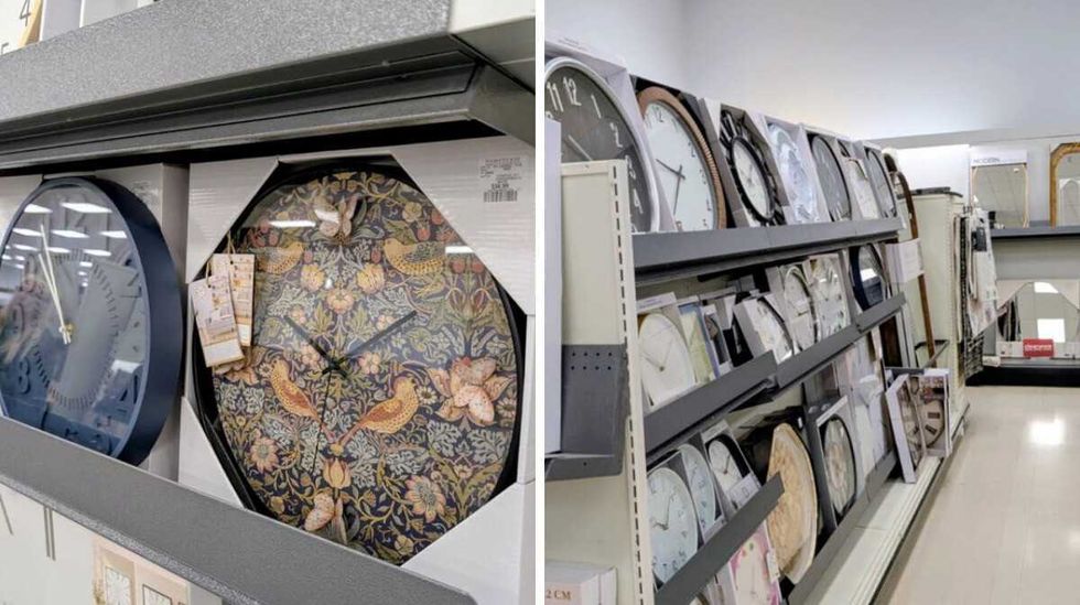 A William Morris bird motif clock. Right: Selection of wall clocks at HomeSense.