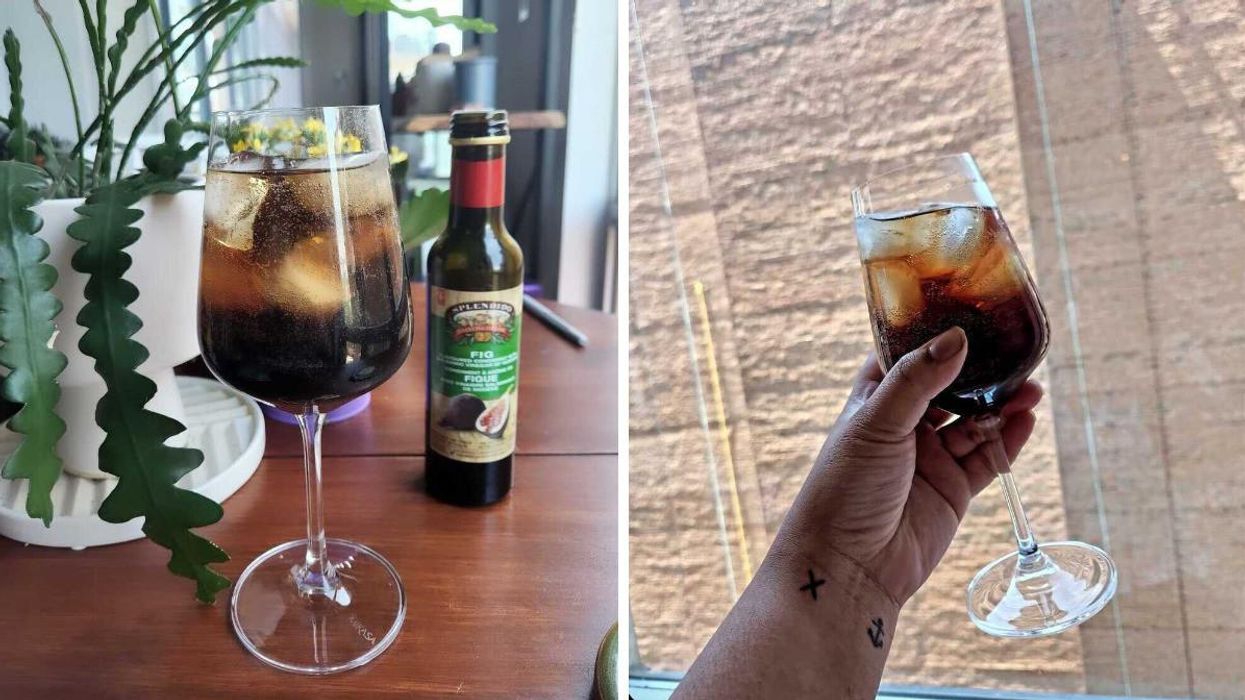 A wine glass filled with "healthy Coke." Right: Sarah holding a wine glass of "healthy Coke."