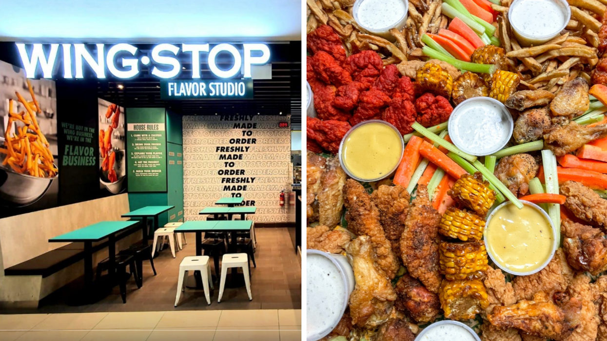 A Wingstop restaurant. Right: Chicken wings, dips, and corn on the cob.