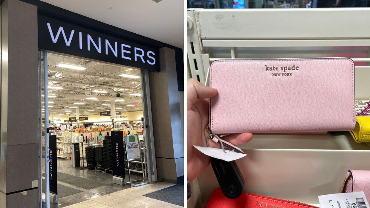 A Winners storefront. Right: A Kate Spade wallet.