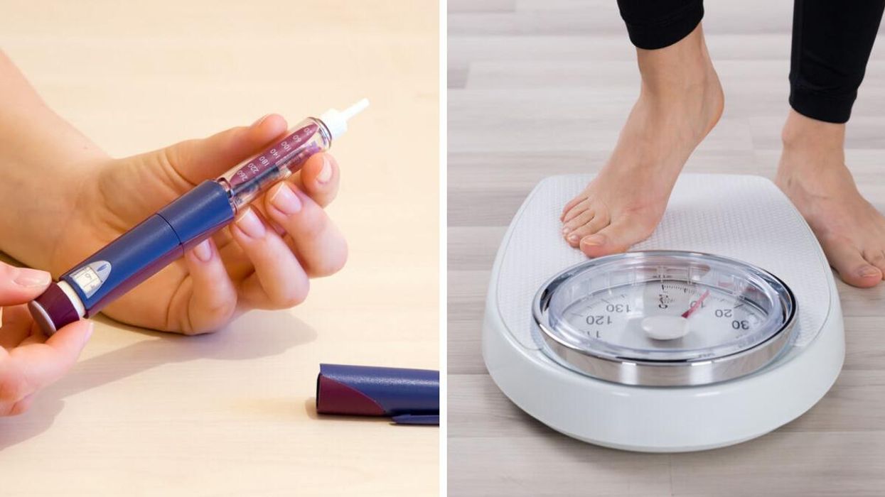 A woman adjusting the insulin dose on an injection. Right: A person stepping onto a scale.