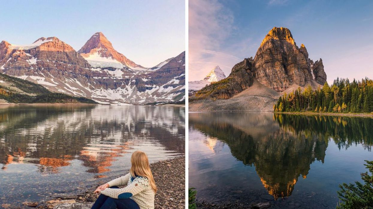 A woman admiring the sunrise on the lake and mountains. Right: The sunrise over the mountains and lake.