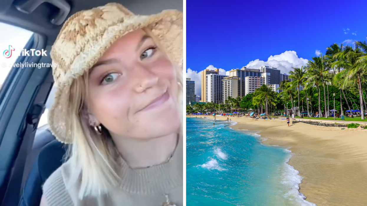 A woman advising where not to travel to on TikTok. Right: Honolulu, Hawaii.
