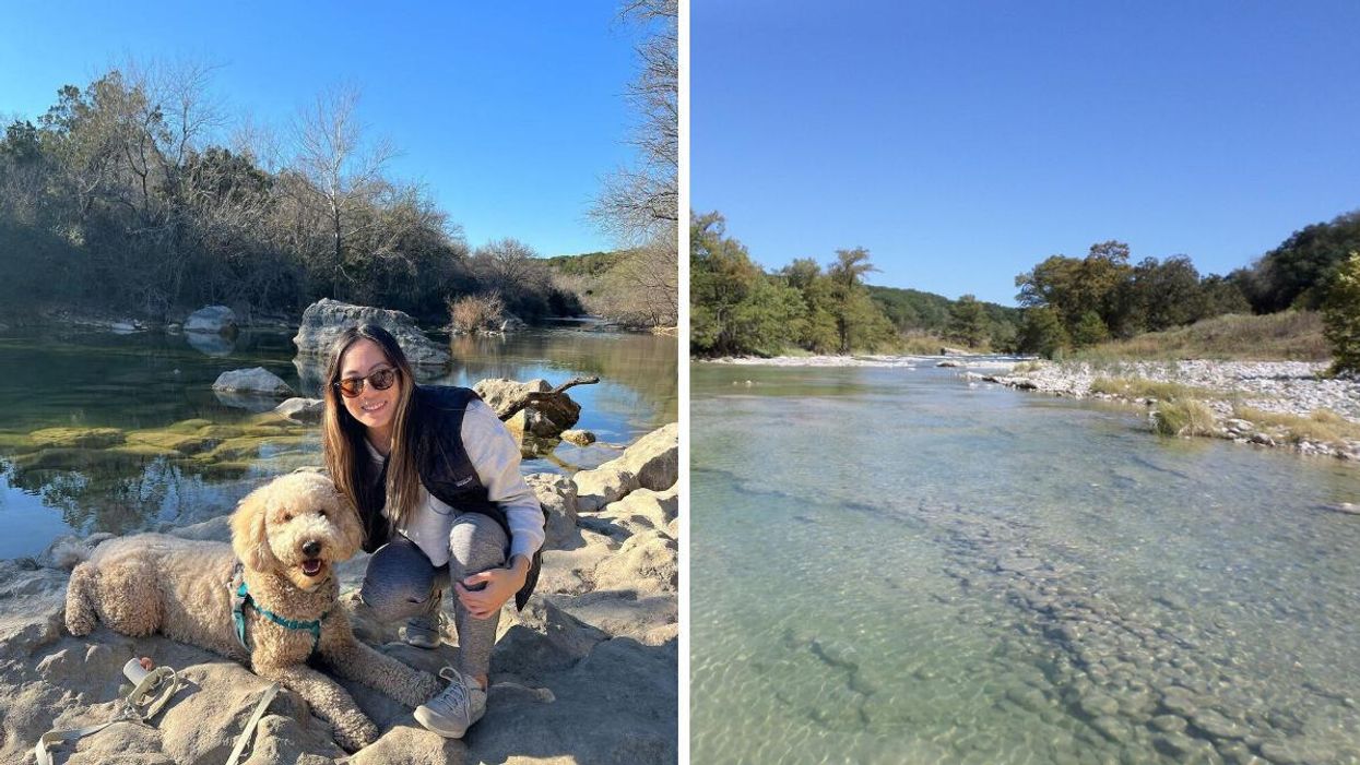A woman and her dog at Barton Creek Greenbelt. Right: Pedernales River.