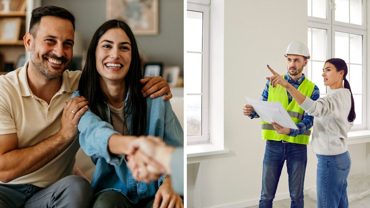 A woman and man shaking hands with a builder. Right: A man in a high-vis vest and hard hat looks at building plans with a woman in jeans and a grey sweatshirt.