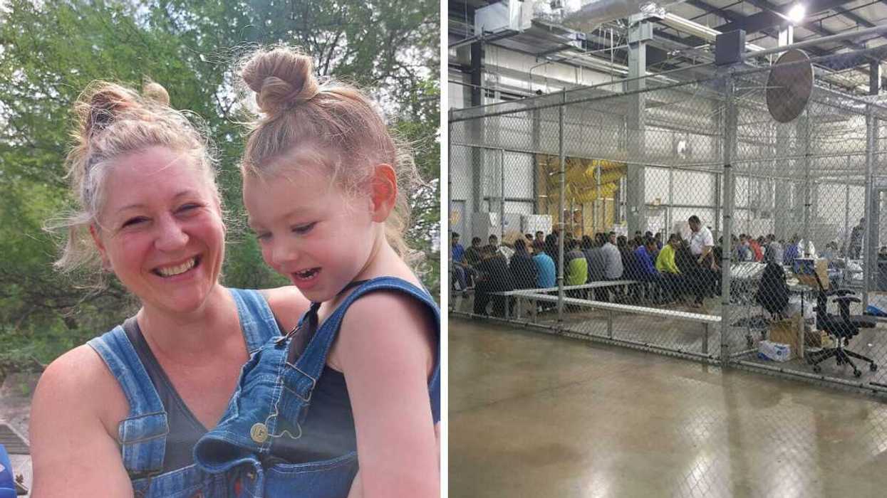 A woman and young girl pose for a photo in matching overalls. Right: migrants are detained in chain-link cages in a warehouse.